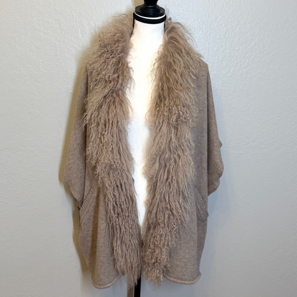 Alberto Makali Mongolian Fur Trim Wool Knit Cardigan Poncho Taupe